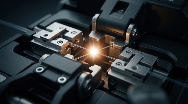 Fiber optic splicing machine joining two glass fibers with a bright spark.