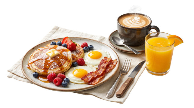 Traditional American breakfast with pancakes and fried eggs, morning meal with coffee and orange juice, hearty breakfast plate on white background