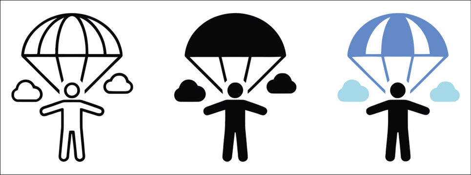 Skydiving Parachute Icons, Extreme Sports And Aerial Adventure Symbols With Parachute Canopy, Modern Minimalist Vector Graphics For Tourism Branding.