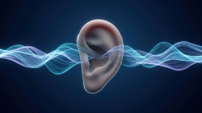 Human ear with abstract sound waves on a blue background.
