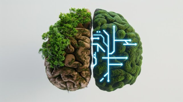 Conceptual image of human brain split between nature and technology, showcasing growth, innovation, and harmony in a modern world