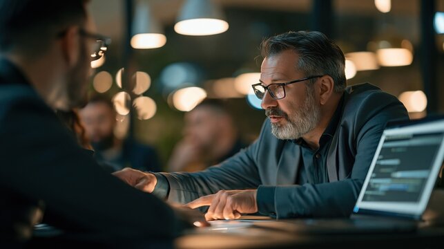 Two business professionals in deep discussion at a table with a laptop, focusing on strategy and collaboration