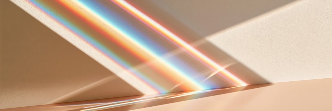 Prismatic light refracting across beige wall and ceiling, creating rainbow spectrum