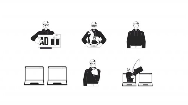 Online scam tricks black and white line animation pack. Disguised scammers. Fake advertising. Gift bait. Stolen folders phishing. Cyber fraud animated outline 4K video set on transparent background