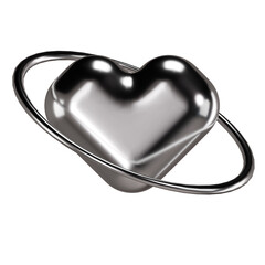 3D Metallic Silver Heart with Orbiting Ring Y2K Aesthetic Asset © miber duwur