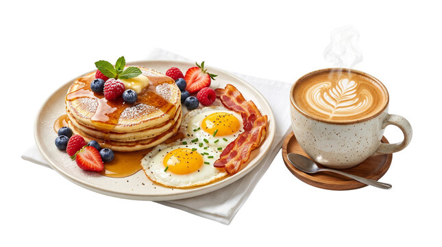 Traditional breakfast plate with fluffy pancakes, fried eggs and bacon, hot latte coffee with foam art, isolated on white background