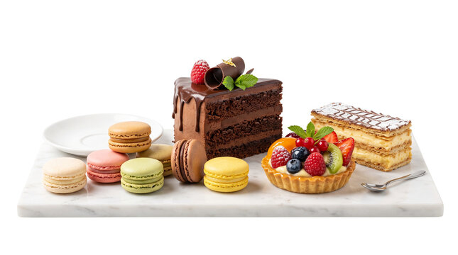 Gourmet dessert assortment with chocolate cake, colorful macarons, fruit tart and mille-feuille, elegant pastry collection on marble board