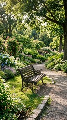 Fototapeta premium Tranquil Park Bench Bathed in Sunlight Amidst Lush Greenery.