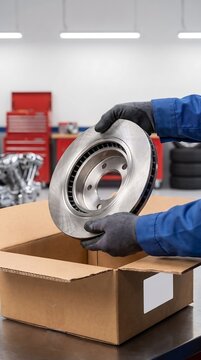 Mechanic in Black Gloves Holding a New Brake Disc Rotor Over a Cardboard Box in an Auto Repair Shop, Highlighting Car Maintenance and Spare Parts Replacement.