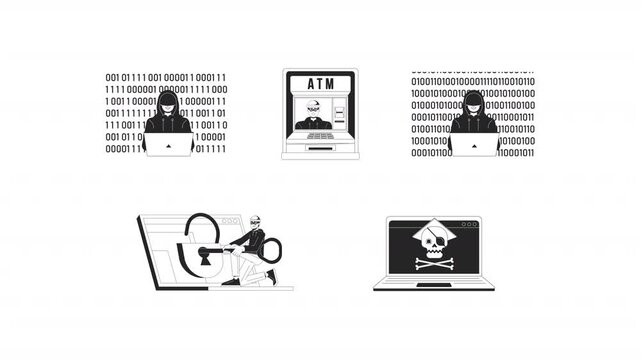 Cyber theft attacks black and white line animation pack. ATM intrusion. Digital lock breaking. Pirate malware laptop. Binary code. Cybersecurity animated outline 4K video set on transparent background