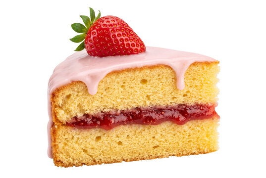 Slice of layered sponge cake with red jam filling and pink glaze topped with a fresh strawberry