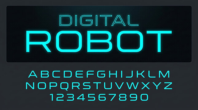 Futuristic digital alphabet font with glowing cyan letters and numbers for sci-fi design