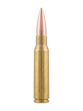 Single High Caliber Rifle Bullet with Brass Casing and Copper Tip