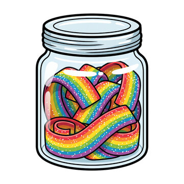 Cute Rainbow Sour Candy Strips in a Jar - 2D Cartoon Illustration
