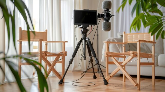 modern video recording setup with microphones and empty chairs in a bright home studio environment