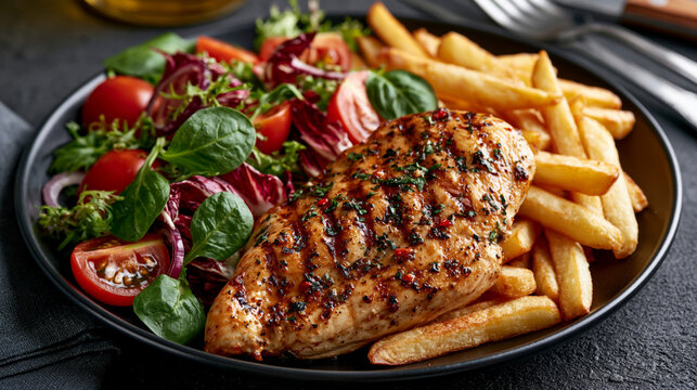 Grilled chicken breast with salad and crispy fries on a black plate for dinner or lunch