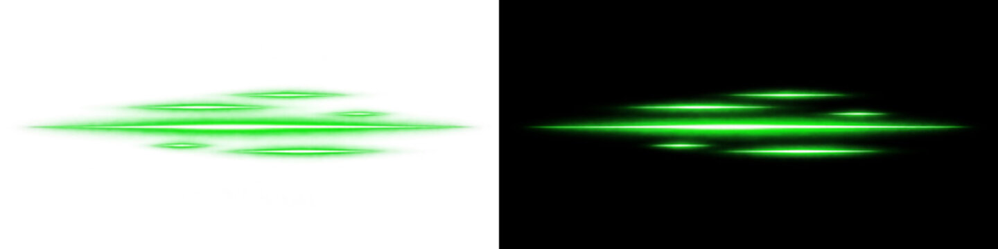 Horizontal emerald green laser beam on transparent background, glowing green optical light streak with central starlight core. High-tech cyber energy ray creates dynamic sci-fi illumination line.