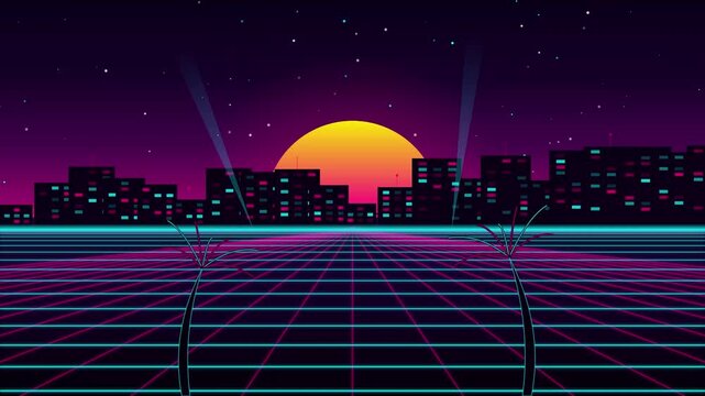 Synthwave pixel art city skyline with neon grid and sunset animation