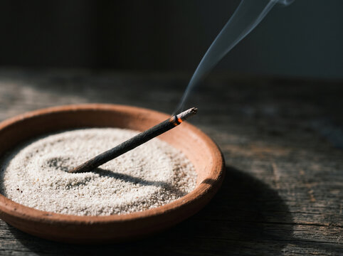 Lit incense stick burning in a clay bowl filled with sand on a rustic wooden table, diffusing fragrant smoke for meditation, relaxation, and mindfulness.