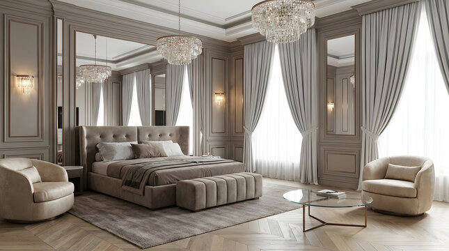Luxurious master bedroom featuring classic wall molding and large windows draped with flowing curtains providing soft natural illumination throughout the spacious high ceiling living quarters