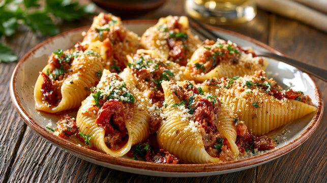 Baked stuffed pasta shells with sun-dried tomatoes, Parmesan and herb filling served on a rustic plate