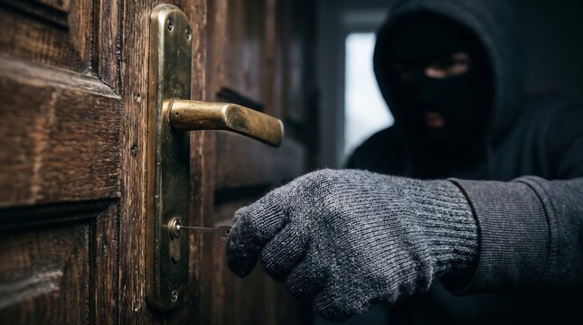 A hooded burglar wearing gloves unlocking a door with a tool for home break-in, representing cybersecurity, crime prevention, property protection, and residential security threats