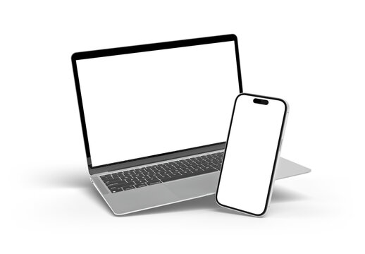 Modern smartphone and laptop with blank screens floating and isolated on white background, side view, 3D rendering