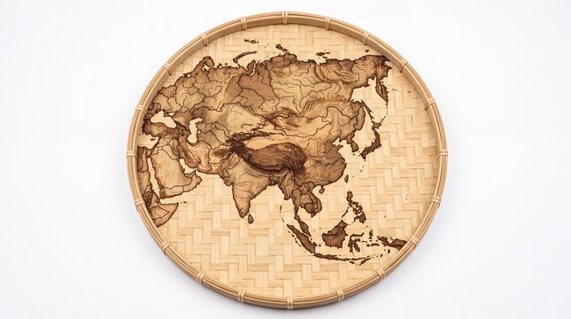 Wood burned map of asia on a circular woven bamboo tray