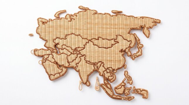 Asia continent map made from woven natural fiber on white background