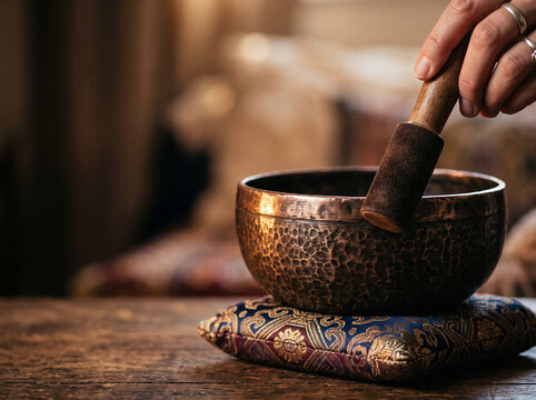 Person using a wooden mallet to play a singing bowl placed on a patterned cushion on a wooden table, meditation and sound healing concept