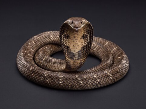 King cobra snake coiled with hood expanded on dark background