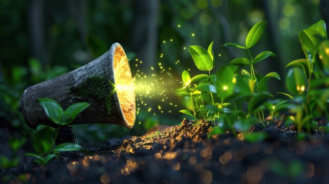 Creative Concept of a Megaphone Emitting Light Towards Growing Plants in an Enchanted Forest Setting