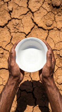 Hands Holding White Bowl of Water Over Dry Cracked Earth &ndash; Drought, Water Scarcity, Climate Change, Famine Relief and Global Thirst Crisis Concept Image
