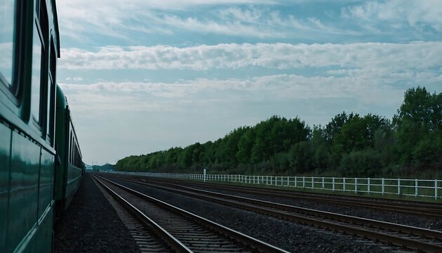 Side view of a green passenger train moving along parallel railway tracks in the countryside