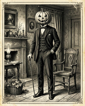 Vintage engraved illustration a gentleman with a pumpkin head