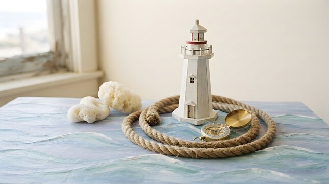 Miniature lighthouse model with compass and rope on a painted sea surface