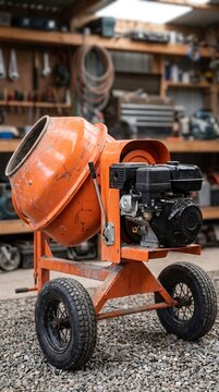 Orange portable concrete mixer machine with black gasoline engine standing on gravel floor in construction workshop with tools on shelves in background.