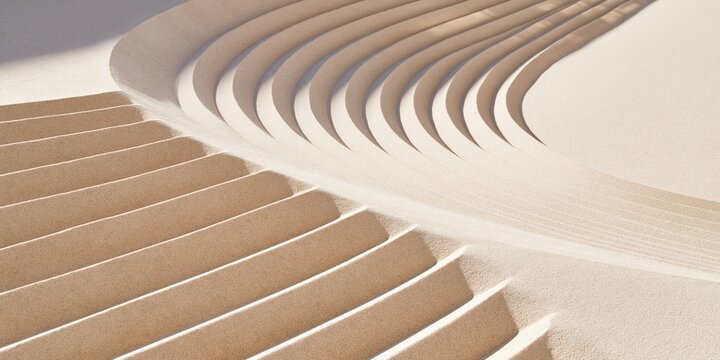Abstract sand texture with raked parallel lines and soft shadows
