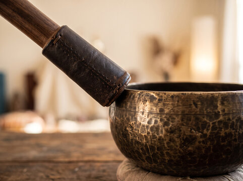 Tibetan singing bowl on a wooden cushion with a wooden mallet on a rustic table for sound healing, meditation, and relaxation therapy.