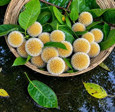 Freshly picked Neolamarckia cadamba flowers in a woven basket on wet ground