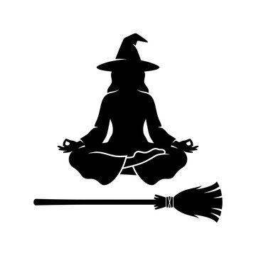 Vector illustration of a meditating witch silhouette sitting in lotus yoga pose floating above a broomstick