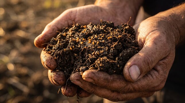 Farmer holds handful of rich dark soil mixed with grain seeds for sustainable farming crop production.
