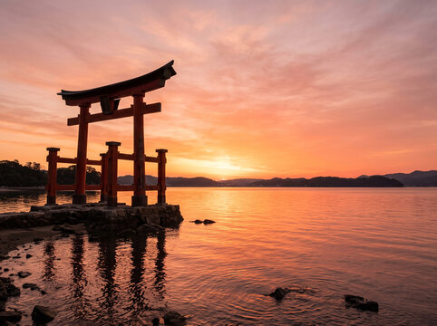 Traditional Japanese Torii gate standing in the calm ocean water during a breathtaking vibrant sunrise with golden hour light reflecting on the sea surface