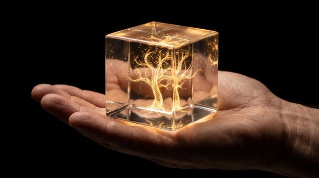 Glowing tree of life hologram inside polished glass cube held in open palm against dark blurred background.