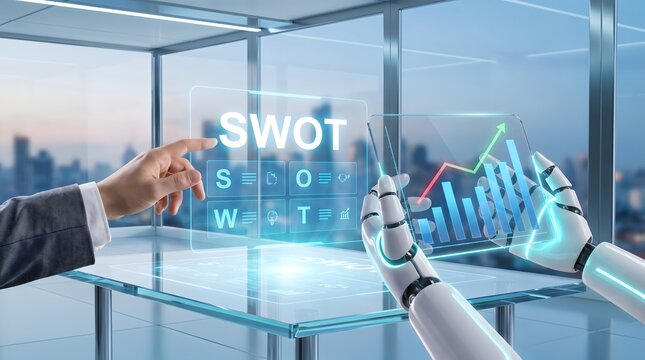 AI powered SWOT analysis dashboard with robotic automation and strategic business planning visualization