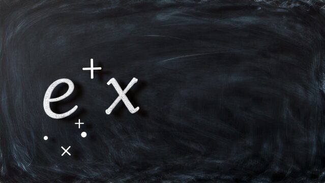 Chalkboard displays mathematical expression ex with scattered dots and a plus sign.