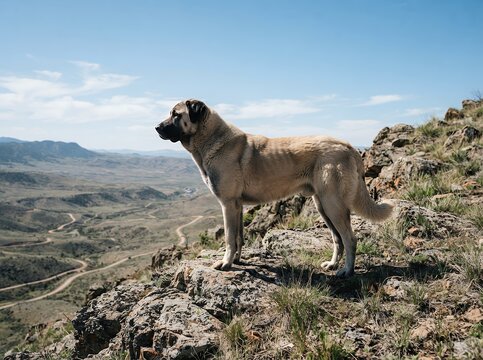Majestic Anatolian Shepherd Dog Standing Proudly on a Rocky Mountain Overlook.