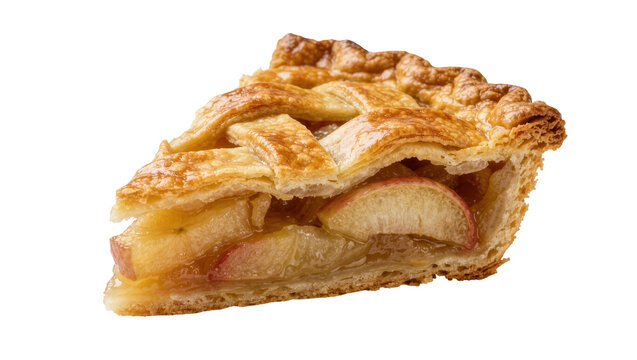 Golden brown lattice crust apple pie slice with visible fruit filling, isolated on transparent background