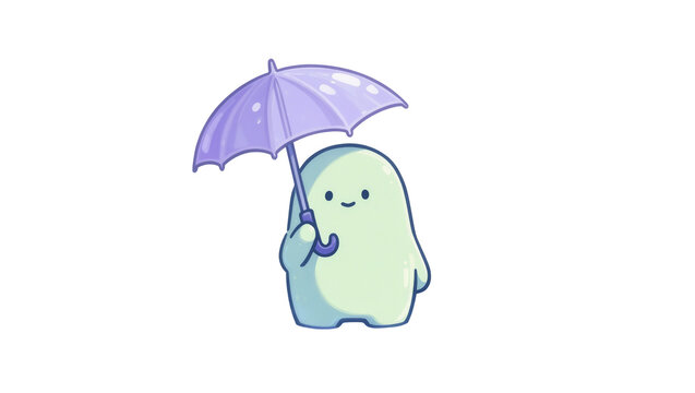 Cute blob character holding a purple umbrella, isolated on transparent background
