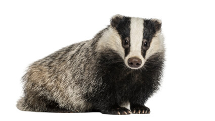 European badger with distinctive black and white facial markings, isolated on transparent background © Thomas